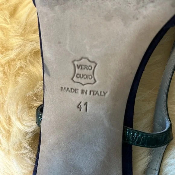Italian | Enrico Antinori | Blue Green Velvet Leather Kitten Heel - Picture 10 of 11